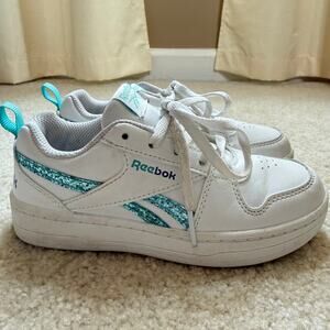 White Reebok Royal Prime 2.0 girls' sneakers shiny teal detail Size 12